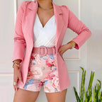 Women's Stylish Blazer & Floral Print Shorts Set