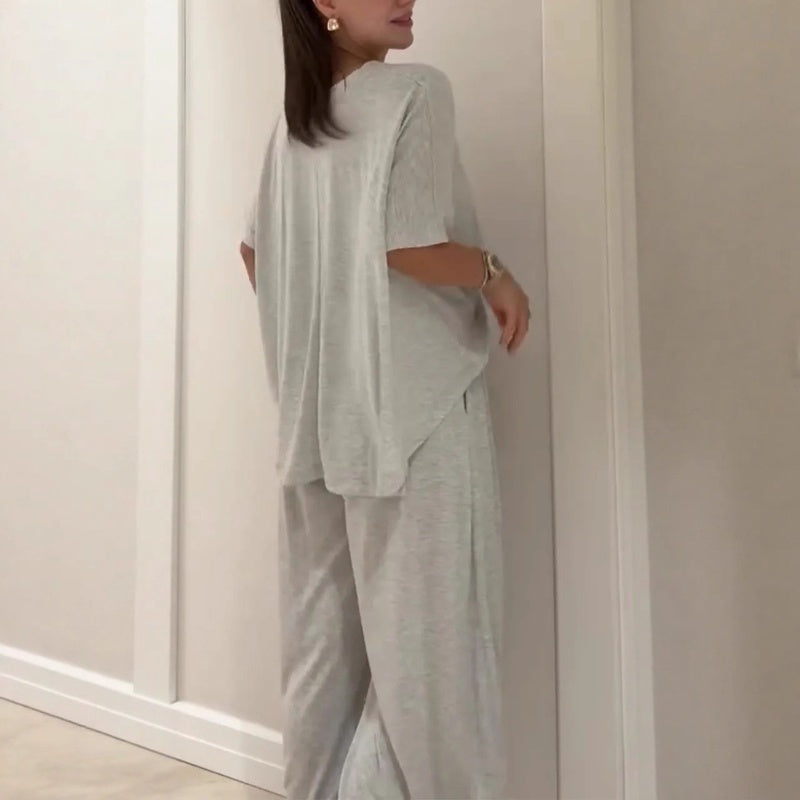 Women's Solid Loose Short Sleeve Top & Wide Leg Pants 2-Piece Set