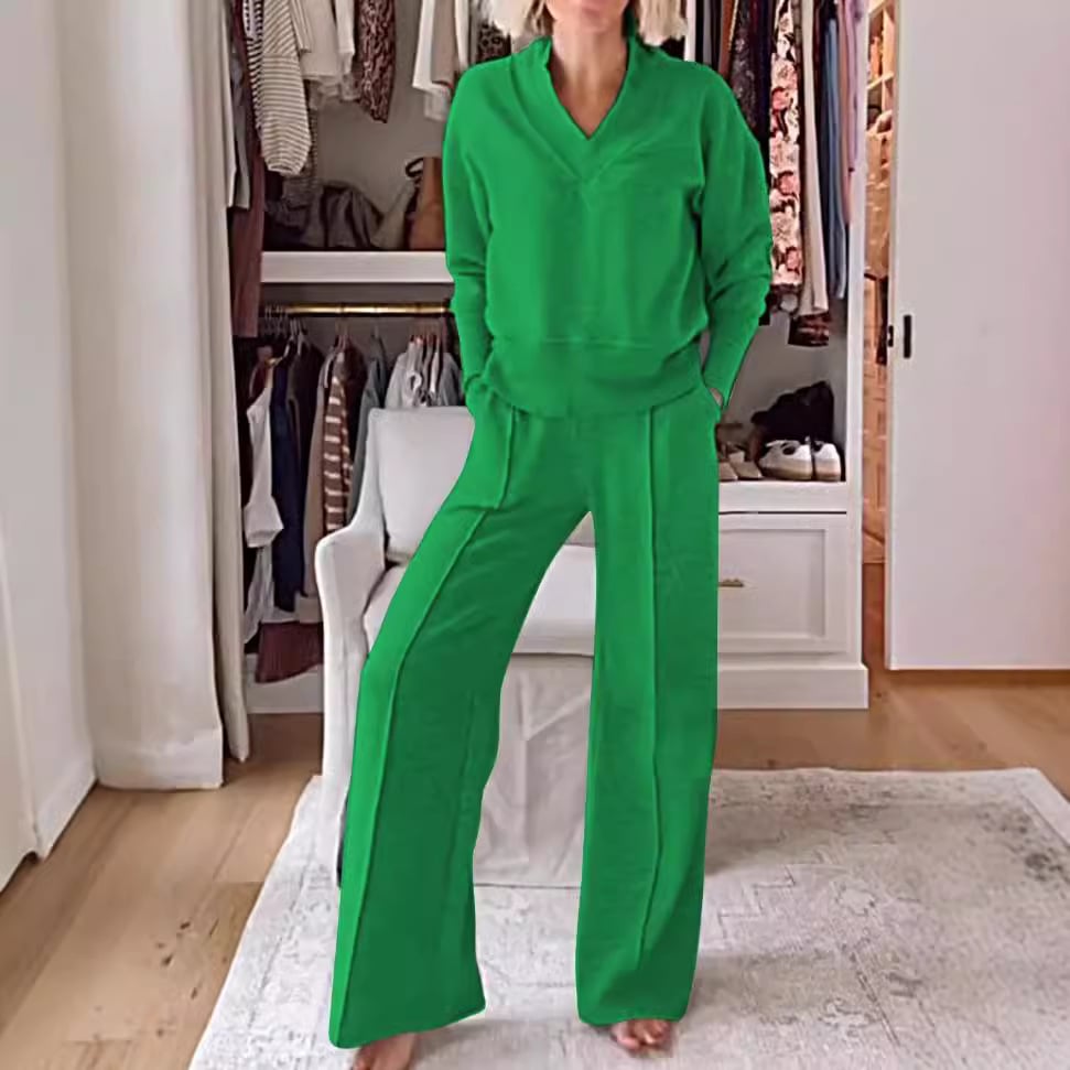 💥Women's Solid Color V-neck Top & Pants Two-piece Set