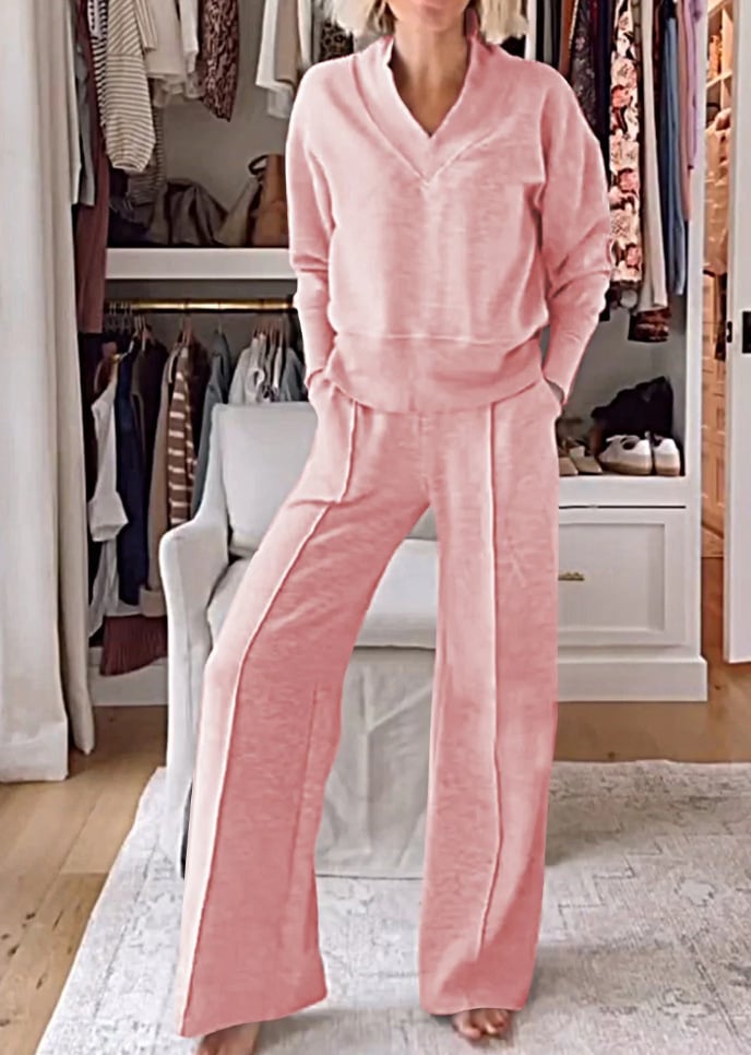 💥Women's Solid Color V-neck Top & Pants Two-piece Set