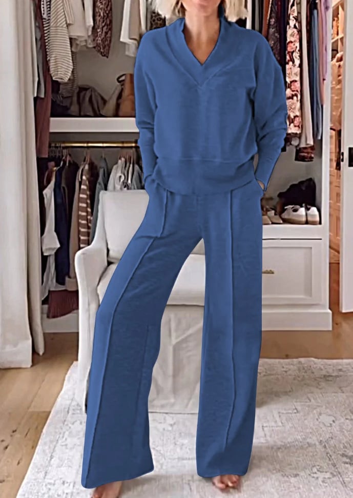 💥Women's Solid Color V-neck Top & Pants Two-piece Set