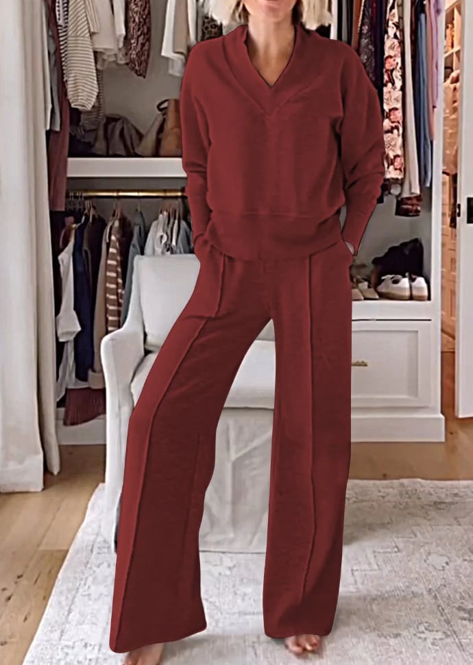 💥Women's Solid Color V-neck Top & Pants Two-piece Set