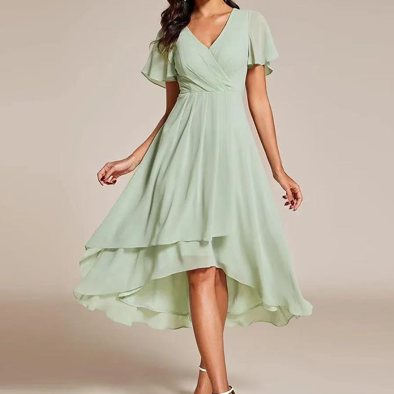 Women's V-Neck Ruffled Asymmetrical Hem Dress