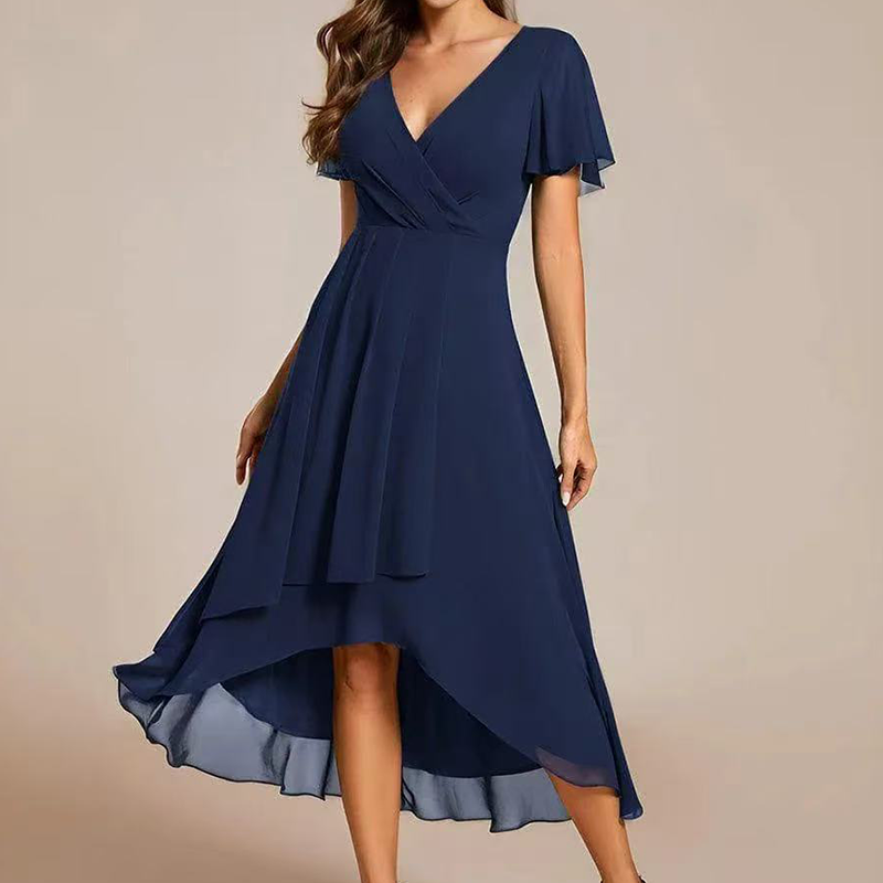 Women's V-Neck Ruffled Asymmetrical Hem Dress