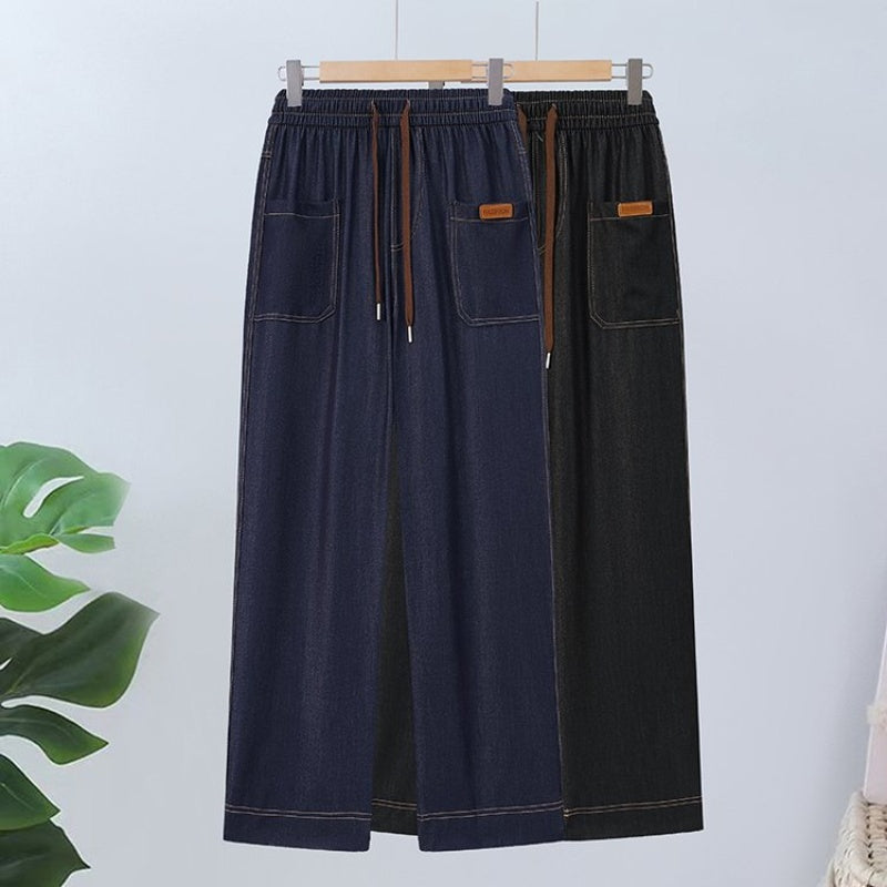 Drawstring High-Waisted Straight-Leg Pants