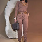 Comfortable Stylish Set - V-Neck Top & Drawstring Pants