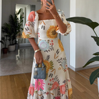 Square Neck Waist-Cinching Printed Dress with Puff Sleeves