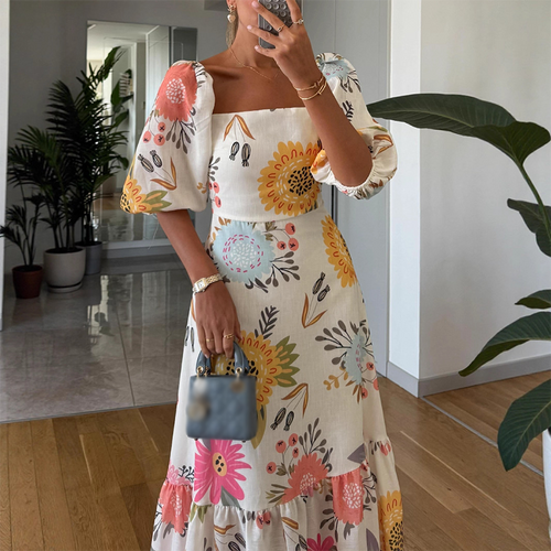 Square Neck Waist-Cinching Printed Dress with Puff Sleeves