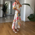 Square Neck Waist-Cinching Printed Dress with Puff Sleeves