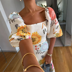 Square Neck Waist-Cinching Printed Dress with Puff Sleeves