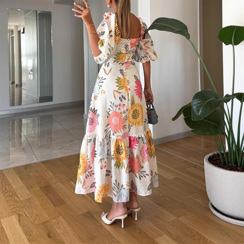 Square Neck Waist-Cinching Printed Dress with Puff Sleeves