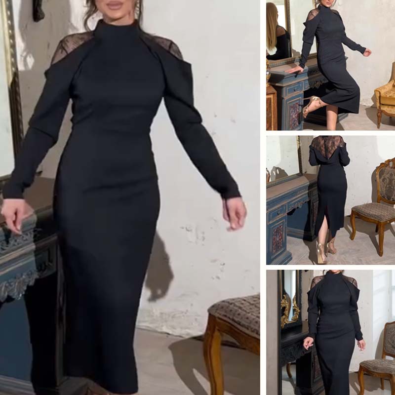 🔥Limited stock available 50% OFF🔥Women's Elegant Mock Neck Lace Back Midi Dress