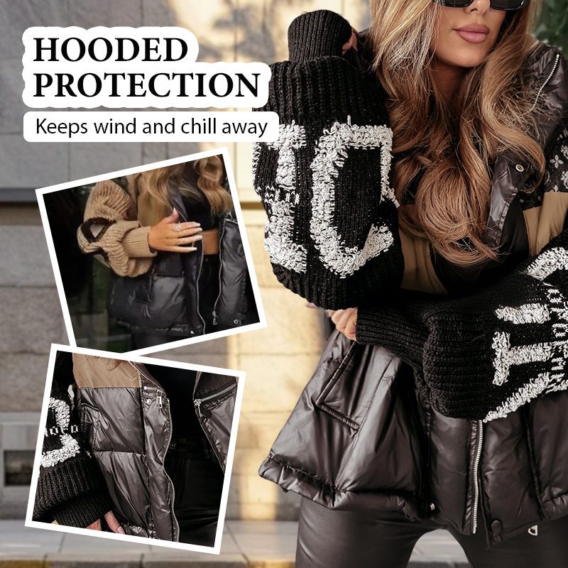 Women’s Patchwork Knit Sleeve Hooded Puffer Jacket|Livraison offerte ✈️