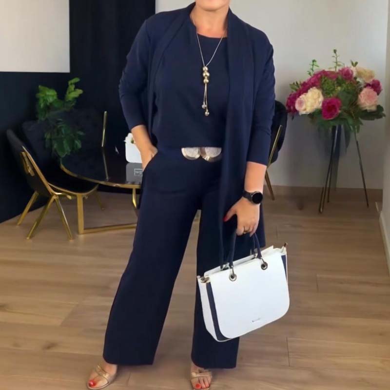💞Hot Sale💞Elegant 3-piece Set Including Long Cardigan, Top and Pants