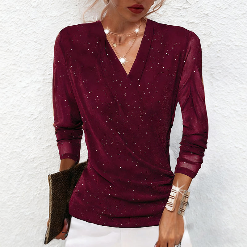 ⚡Black Friday Flash Deal! 🔥Hot Sale Offers-Women's Sparkle Crossover V-Neck Long Sleeve Top Direct 50% Off, This Deal is Epic!