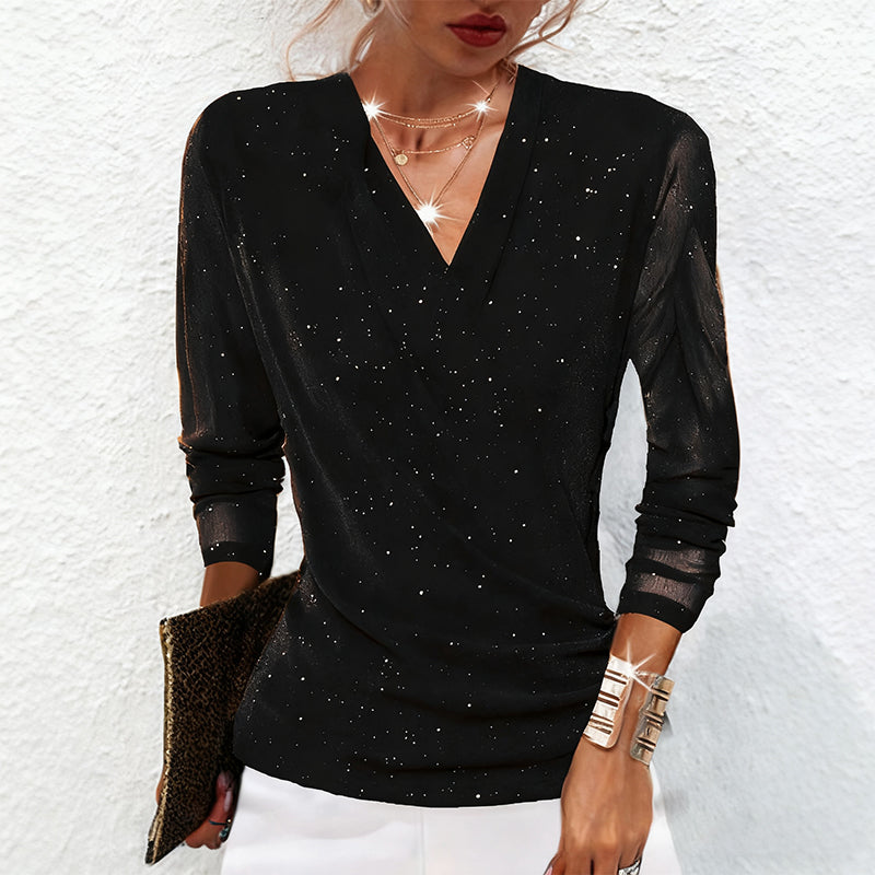 ⚡Black Friday Flash Deal! 🔥Hot Sale Offers-Women's Sparkle Crossover V-Neck Long Sleeve Top Direct 50% Off, This Deal is Epic!