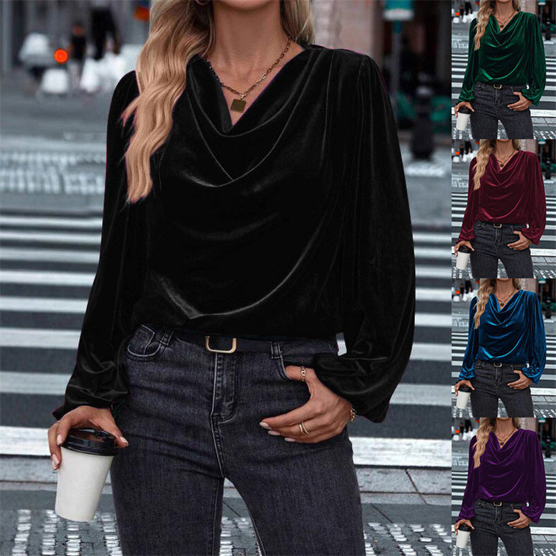 Women's Velvet Cowl Neck Long Sleeve Top