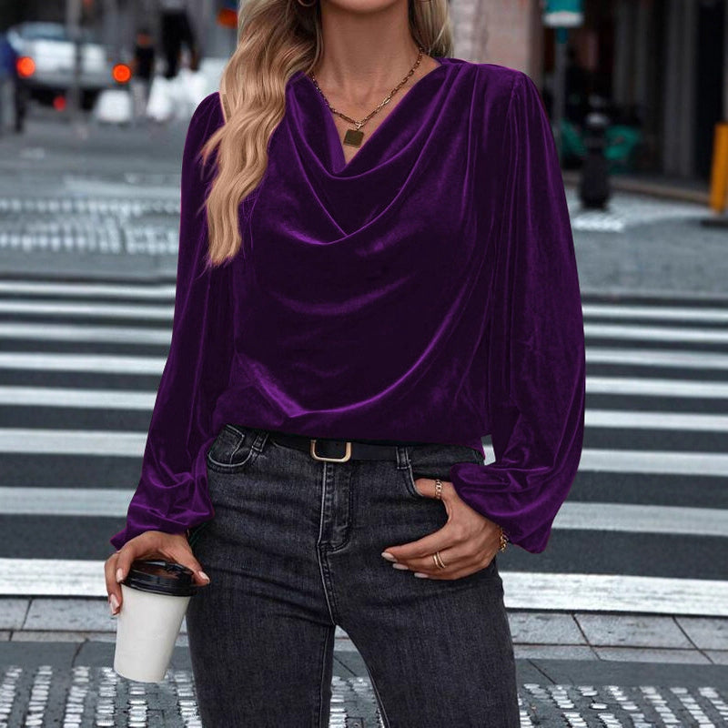 Women's Velvet Cowl Neck Long Sleeve Top