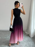 Ombre Pleated Sleeveless Mock Neck Maxi Dress❤️