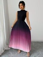 Ombre Pleated Sleeveless Mock Neck Maxi Dress❤️