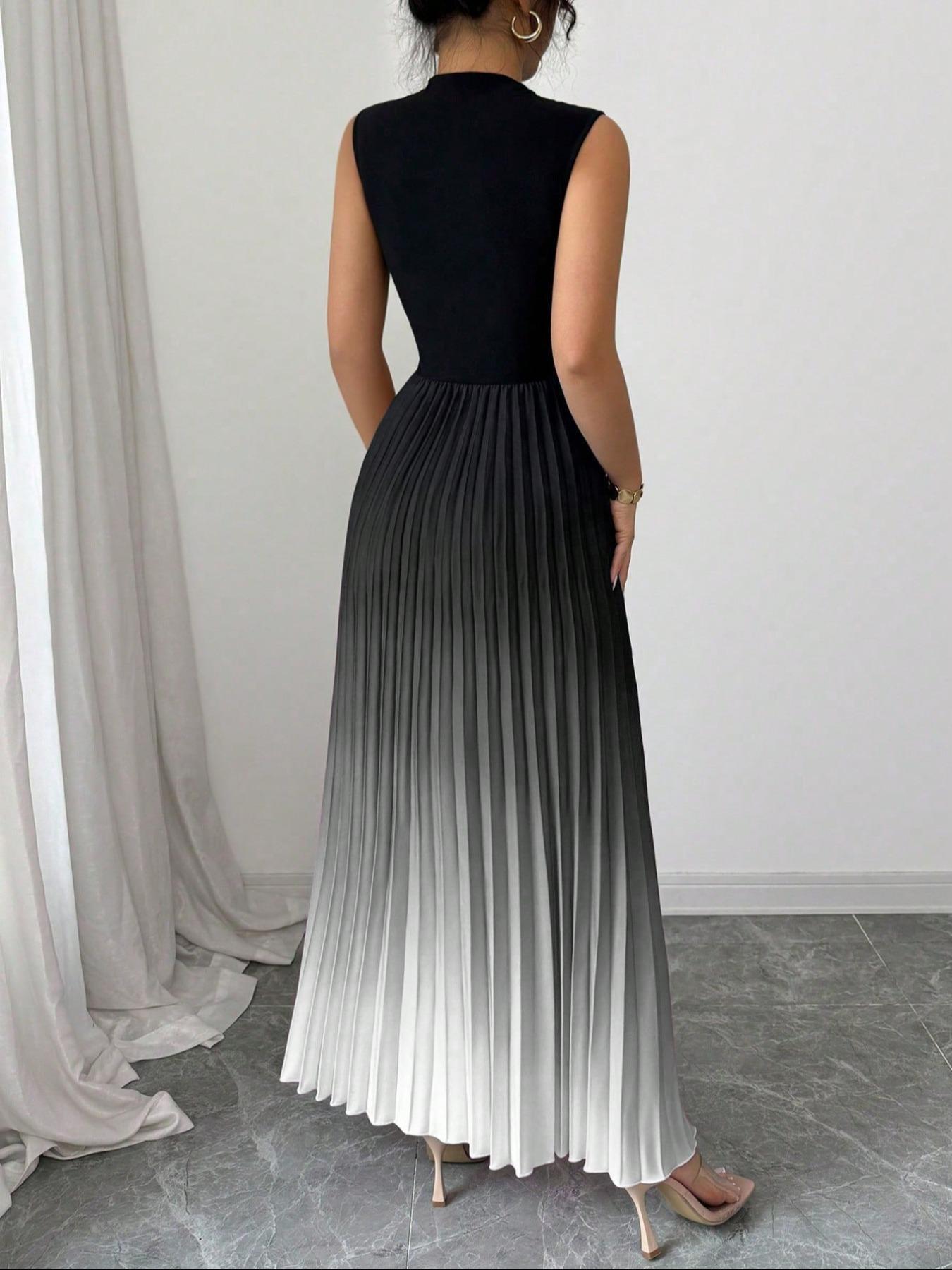 Ombre Pleated Sleeveless Mock Neck Maxi Dress❤️