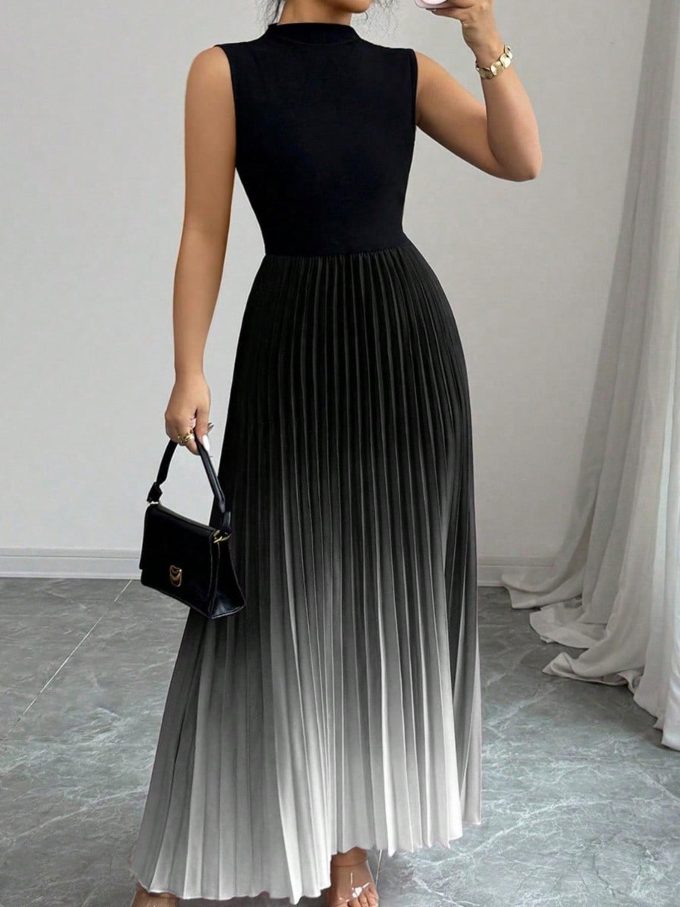 Ombre Pleated Sleeveless Mock Neck Maxi Dress❤️