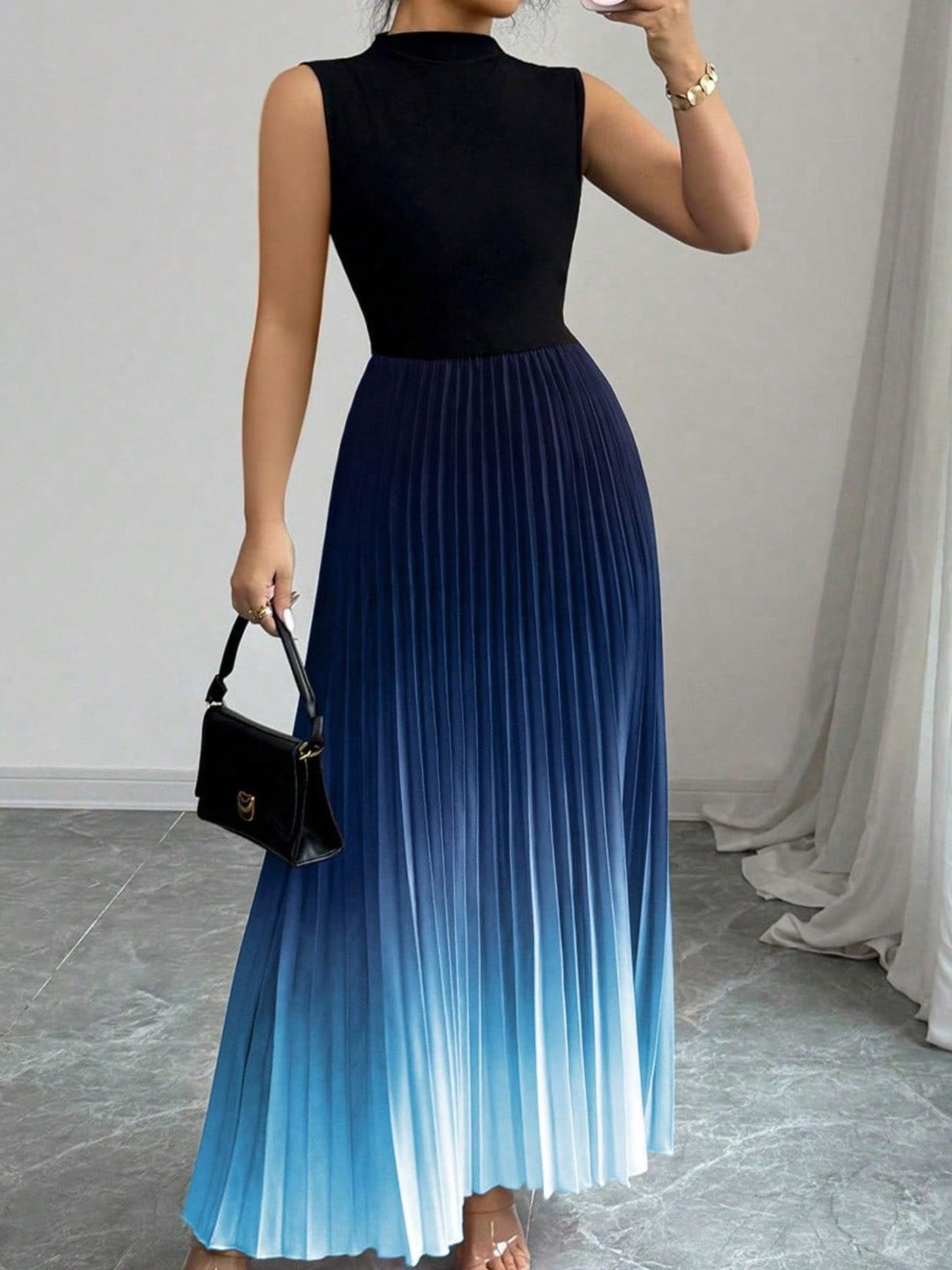 Ombre Pleated Sleeveless Mock Neck Maxi Dress❤️