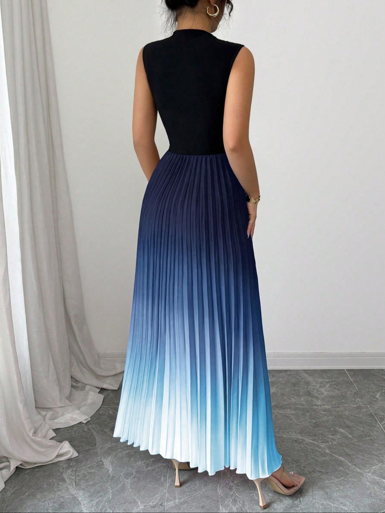 Ombre Pleated Sleeveless Mock Neck Maxi Dress❤️