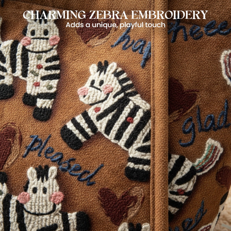Embroidered Zebra Canvas Tote Bag