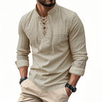👔 50% OFF NOW! 💎 Men's Casual Solid Color Shirt – Lace-Up Neck, Modern Stand Collar & Breathable Cotton ✨