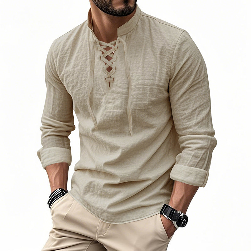 👔 50% OFF NOW! 💎 Men's Casual Solid Color Shirt – Lace-Up Neck, Modern Stand Collar & Breathable Cotton ✨