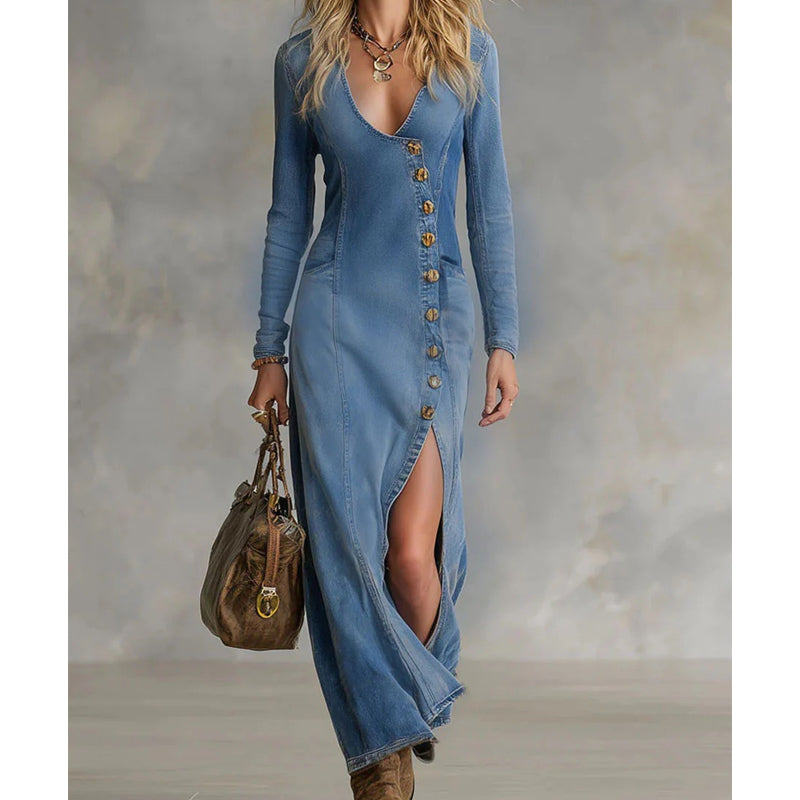 ⏰ Now only 50% off!🥰Women's Long Sleeve V-Neck Maxi Dress – Soft Fabric, Bodycon Fit & Elegant High Slit👗