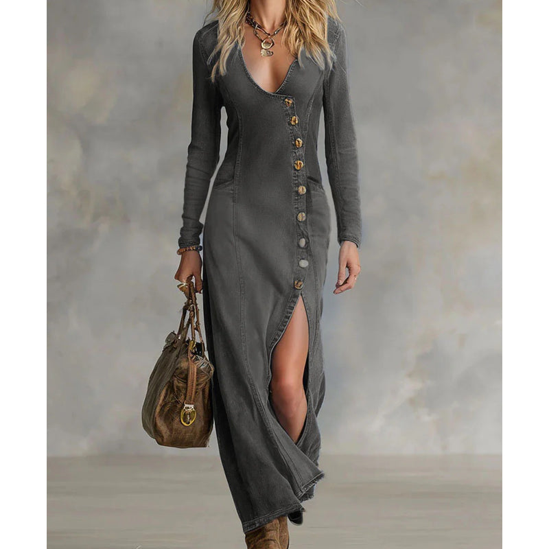 ⏰ Now only 50% off!🥰Women's Long Sleeve V-Neck Maxi Dress – Soft Fabric, Bodycon Fit & Elegant High Slit👗